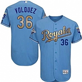 Glued Kansas City Royals #36 Edinson Volquez Light Blue FlexBase 2015 World Series Champions Gold Program Baseball Jersey,baseball caps,new era cap wholesale,wholesale hats